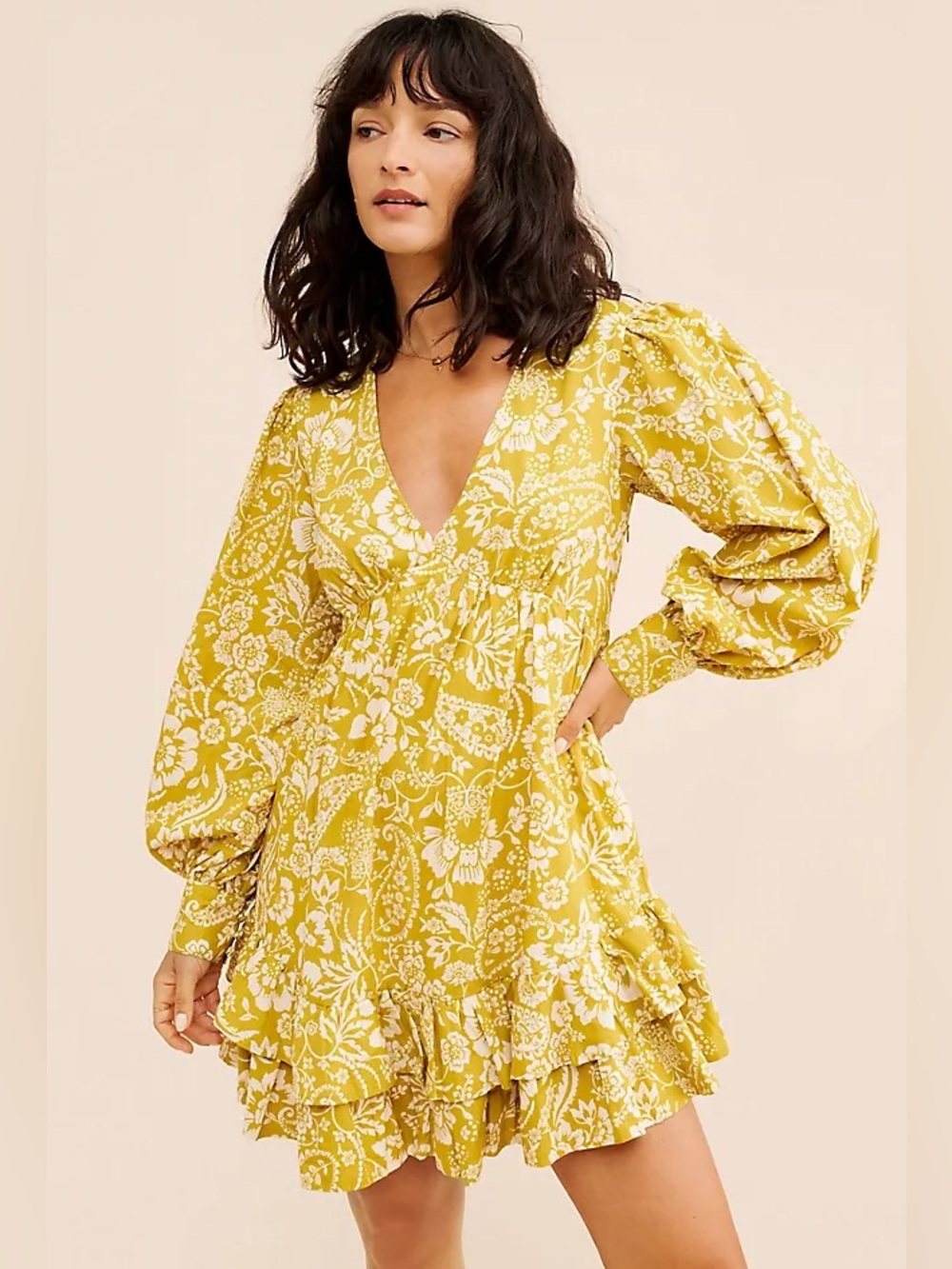 Anthropologie Maeve Chartreuse Floral Puff Sleeve Ruffle Mini Dress Boho XS $148